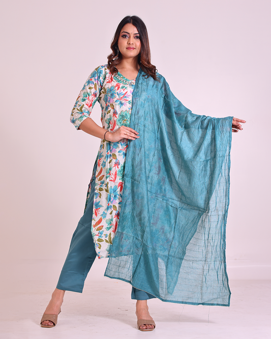 Pure Muslin White-Based Colorful Mulmul Dupatta Set with Sequence Work