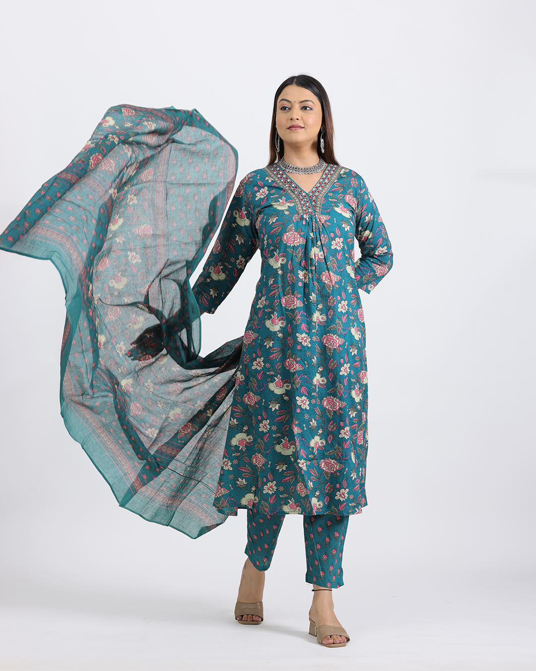 Pure Cotton Firoza Color Digital Print Dupatta Set with Laced Neck