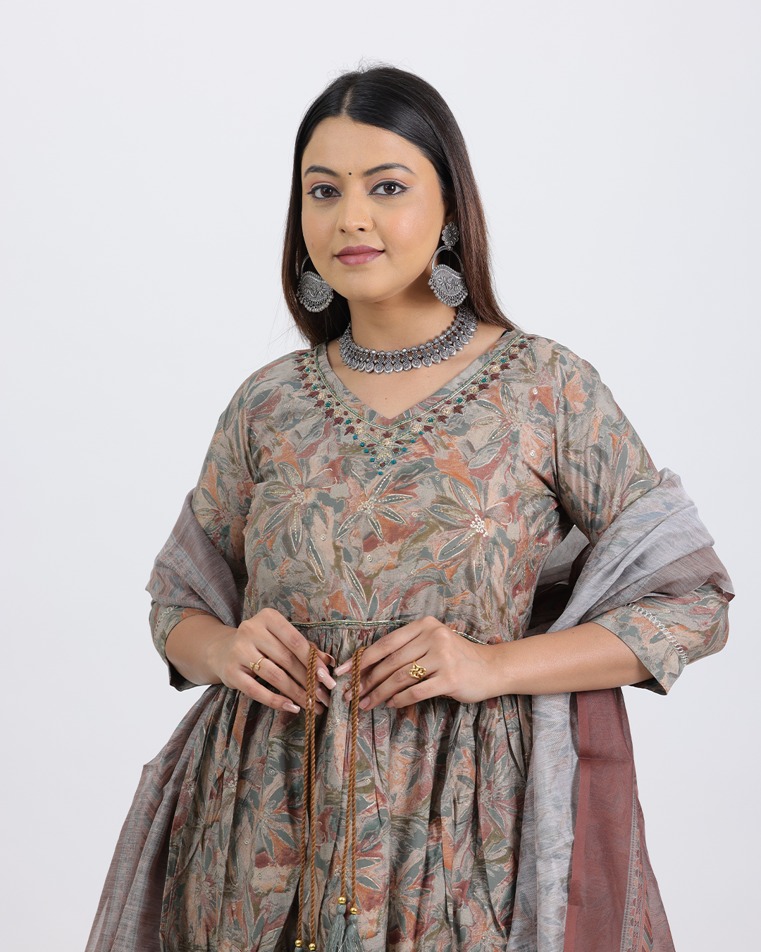 Pure Muslin Silk Brown Frock Suit with Digital Print Dupatta and Sequence Work