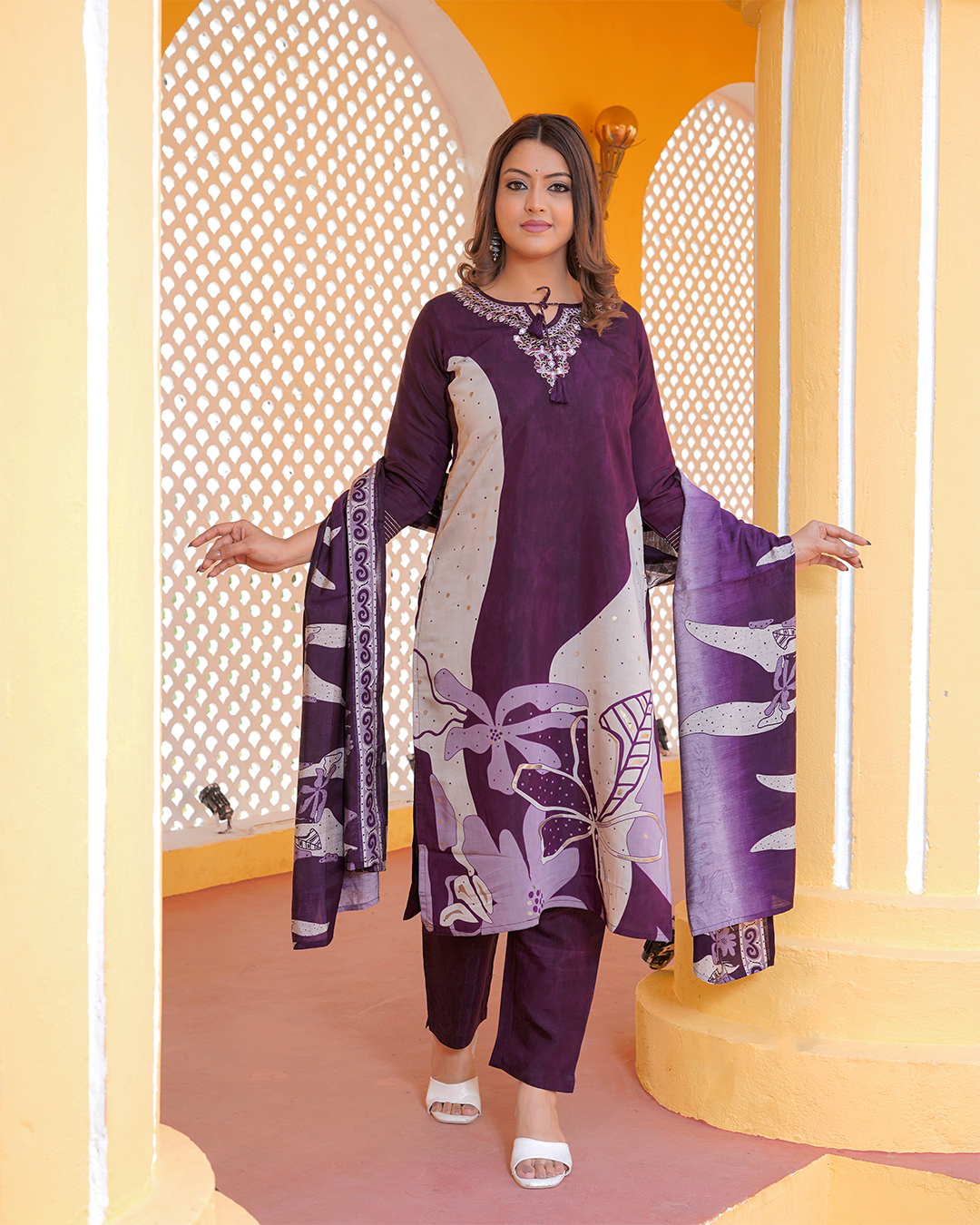 Pure silk wine colour kurta pant set with digital print silk dupatta