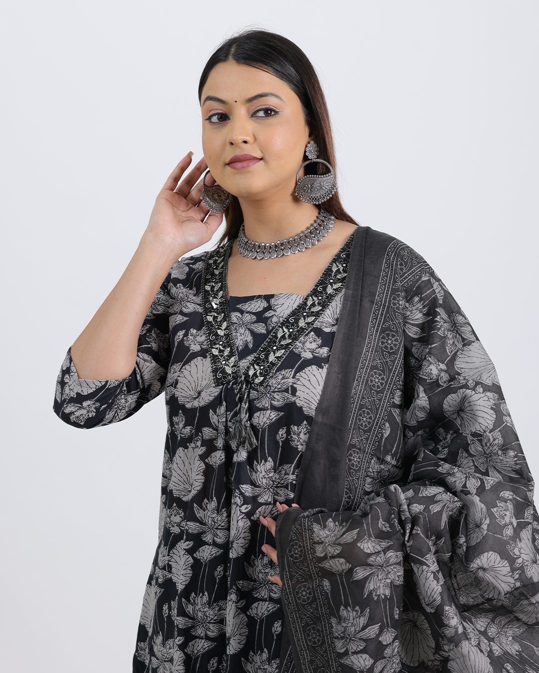 Pure Cotton Black Suit with Digital Print Dupatta and V-Laced Neckline