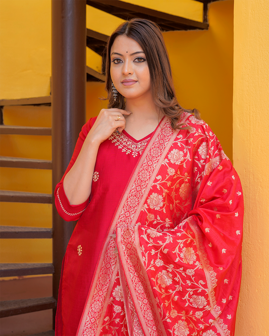 Pure silk Red suit with paithani work andheavy banarsi dupatta