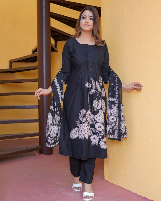 Pure Cotton Black Frock Suit with Cotton Dupatta