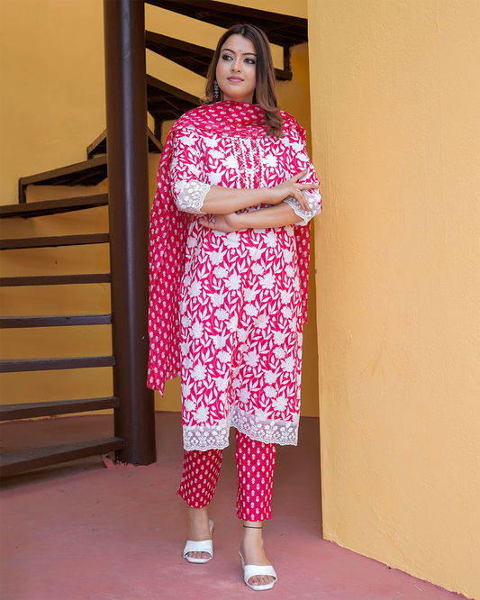 Pure Cotton Pink and White Suit with Lace