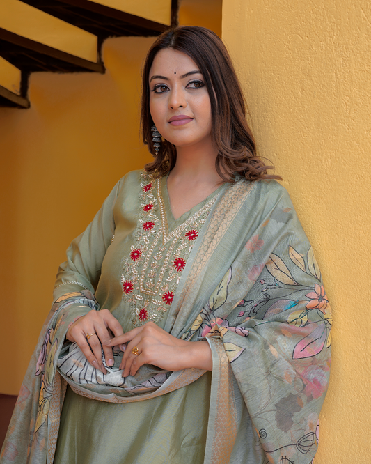 Pure Silk Mint Green Dupatta Set with Digital Print Dupatta