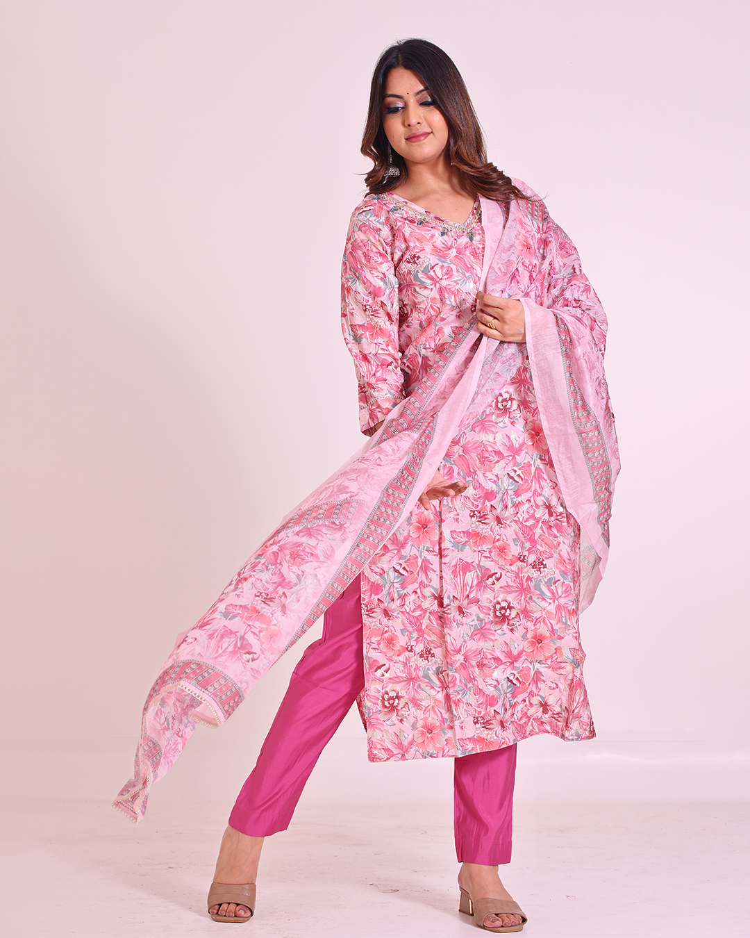Pure Muslin Silk Baby Pink Digital Dupatta Set with Sequence Work