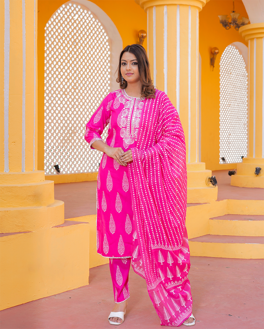 Pure Cotton Pink Suit in Bangru Print with Thread and Mirror Work
