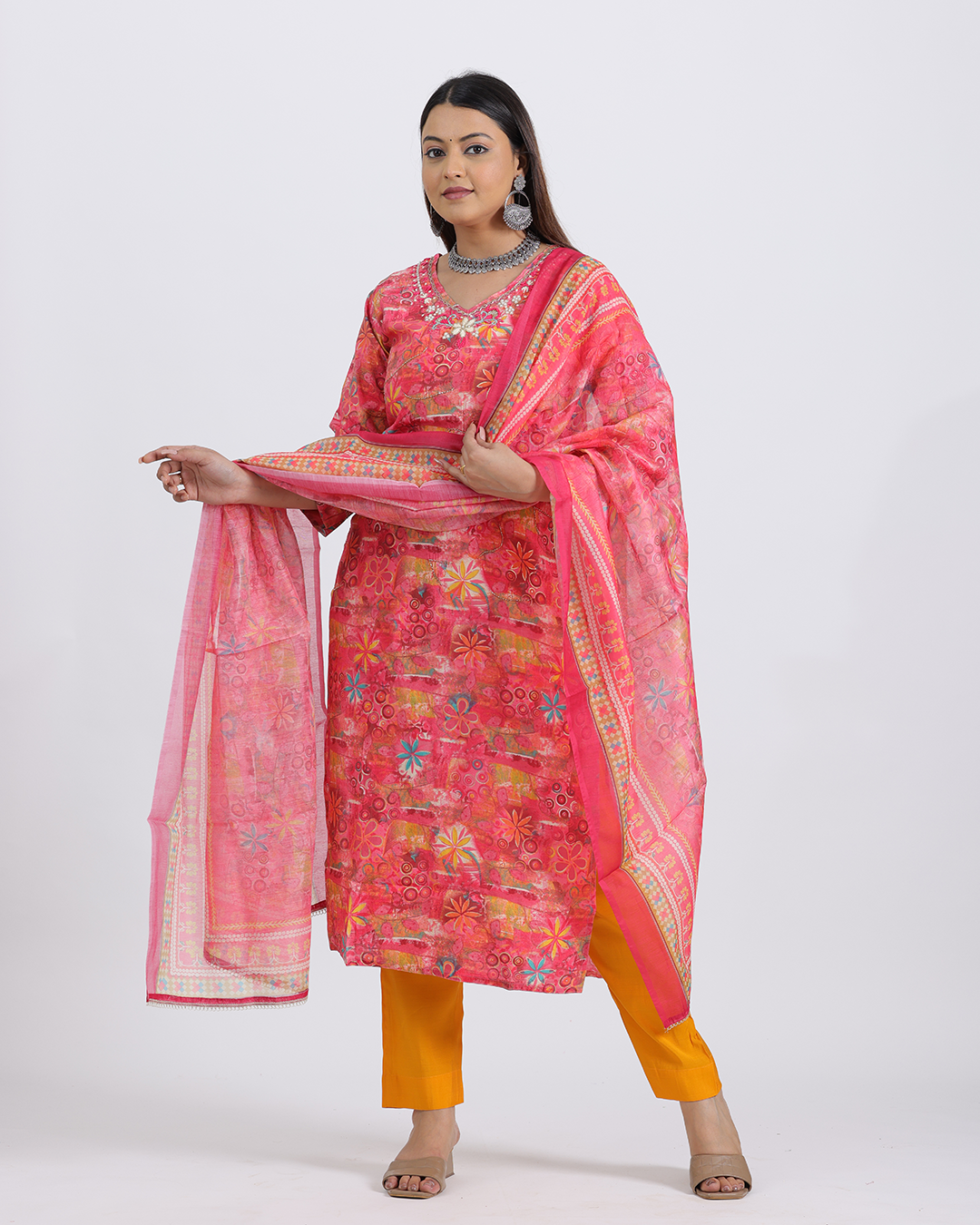 Pure Muslin Silk Yellow and Orange Suit with Digital Print Dupatta and Hand Work on Neck