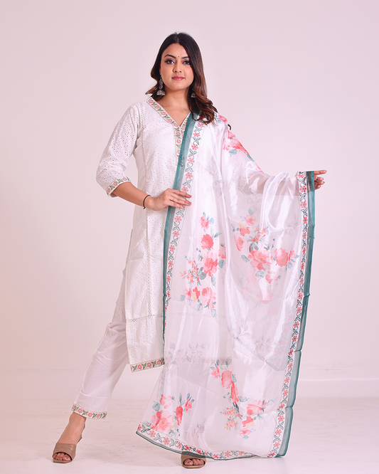 Pure Cotton White Chikankari Suit with Lace Work on Neck and Organza Dupatta