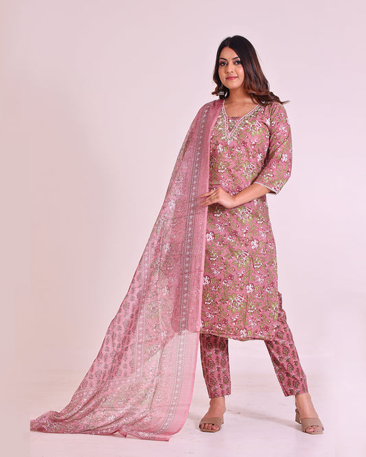 Pure Cotton Onion Pink Digital Print Dupatta Set