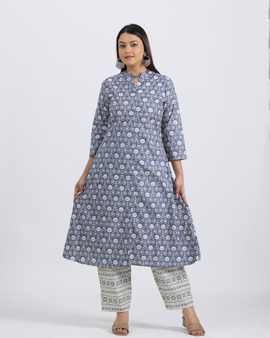 Pure Cotton Blue and White Kurta Pant Set in Bagru Print