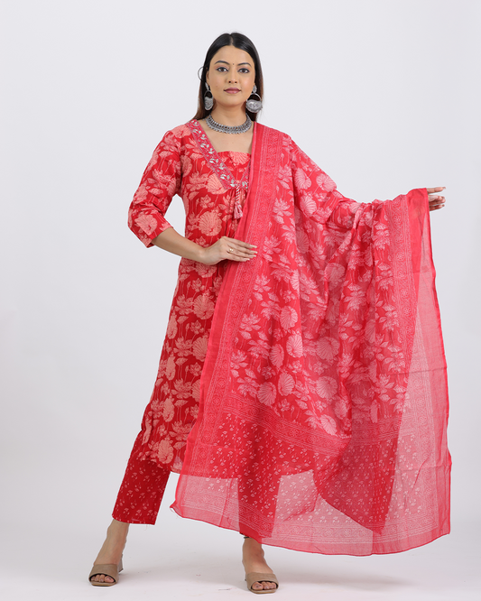 Pure Cotton Red Digital Print Suit with V-Laced Neck and Dupatta