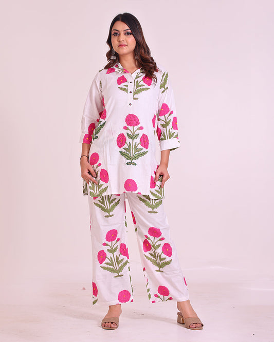 Pure Cotton White Coord Set with Pink Flower and Pearl Work
