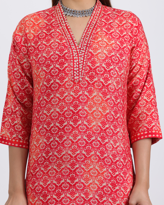 Pure Muslin Silk Suit with Paithani Work and Digital Print Dupatta in Red