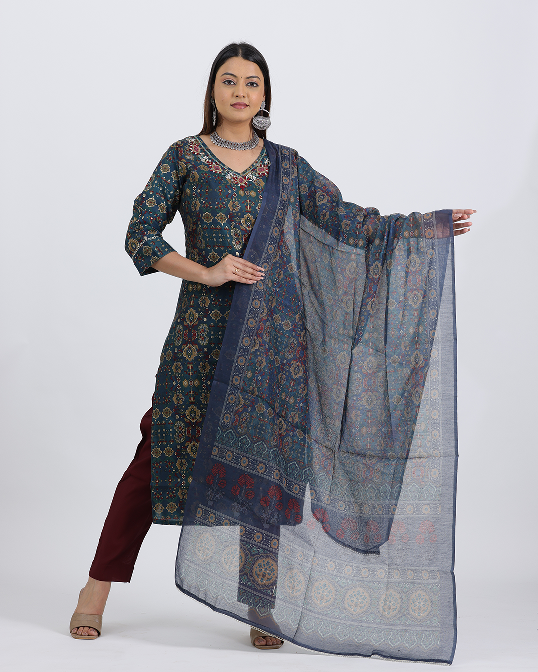 Pure Muslin Silk Dark Green and Maroon Suit with Digital Print Dupatta and Heavy Sequence Work