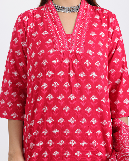 Pure Cotton Pink Digital Dupatta Set with V-Laced Neck