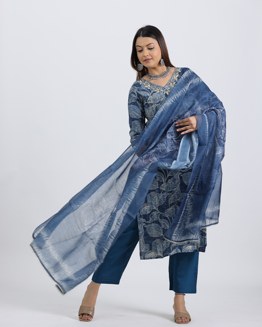 Pure Muslin Silk Royal Blue Suit with Digital Print Dupatta and Sequence Work
