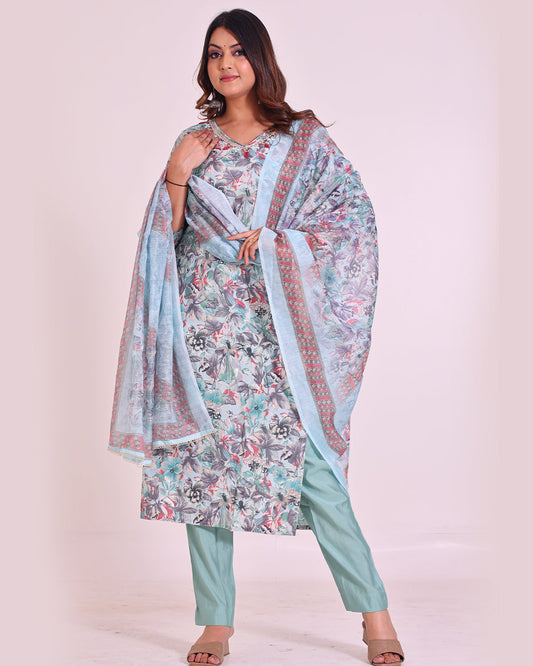 Pure Muslin Silk Suit with Digital Print Dupatta, Sequence, and Zardozi Work in Turquoise Blue