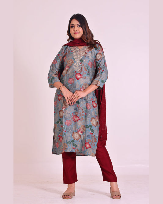 Grey and Maroon Pure Muslin Suit with Silk Dupatta and Pathni Work