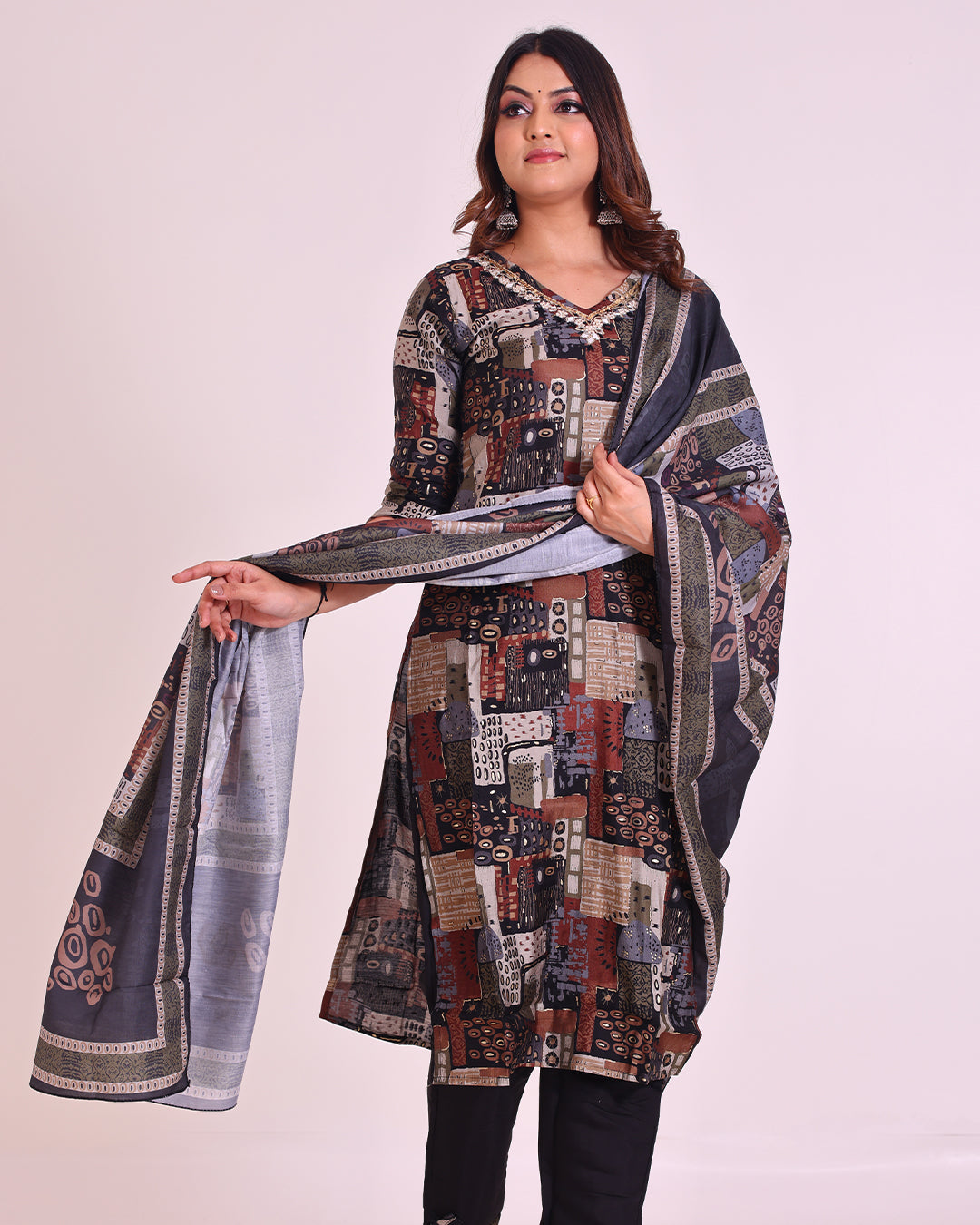 Black Pure Muslin Suit with Digital Print Dupatta and Mirror Work