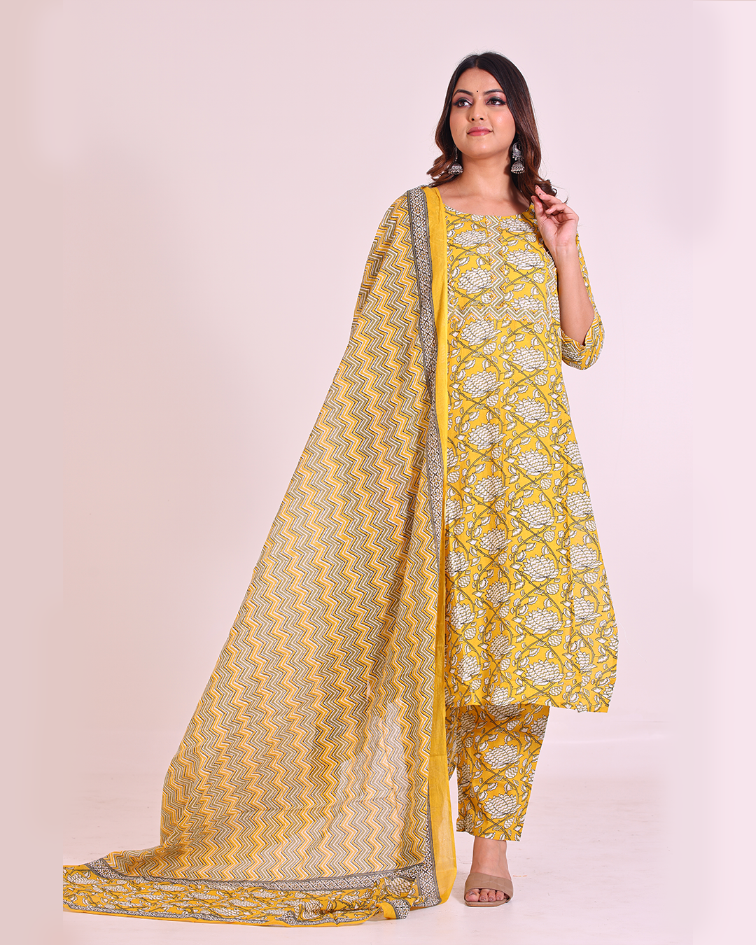 Pure Cotton Round Neck Yellow Digital Print Dupatta Set