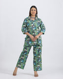 Pure Cotton Green Leaf Pattern Coord Set with Heavy Sequence Work on Collar