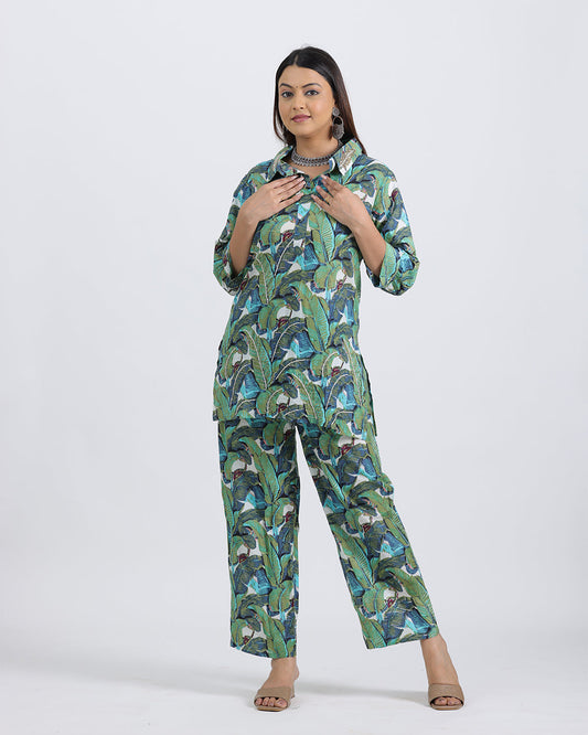 Pure Cotton Green Leaf Pattern Coord Set with Heavy Sequence Work on Collar
