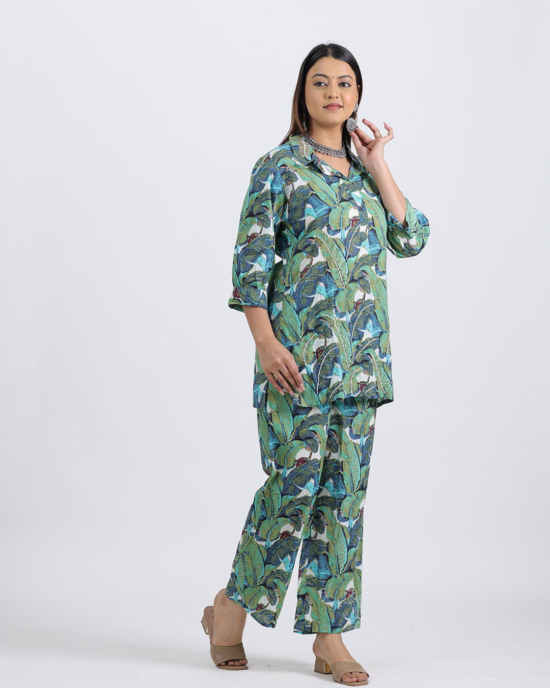Pure Cotton Green Leaf Pattern Coord Set with Heavy Sequence Work on Collar