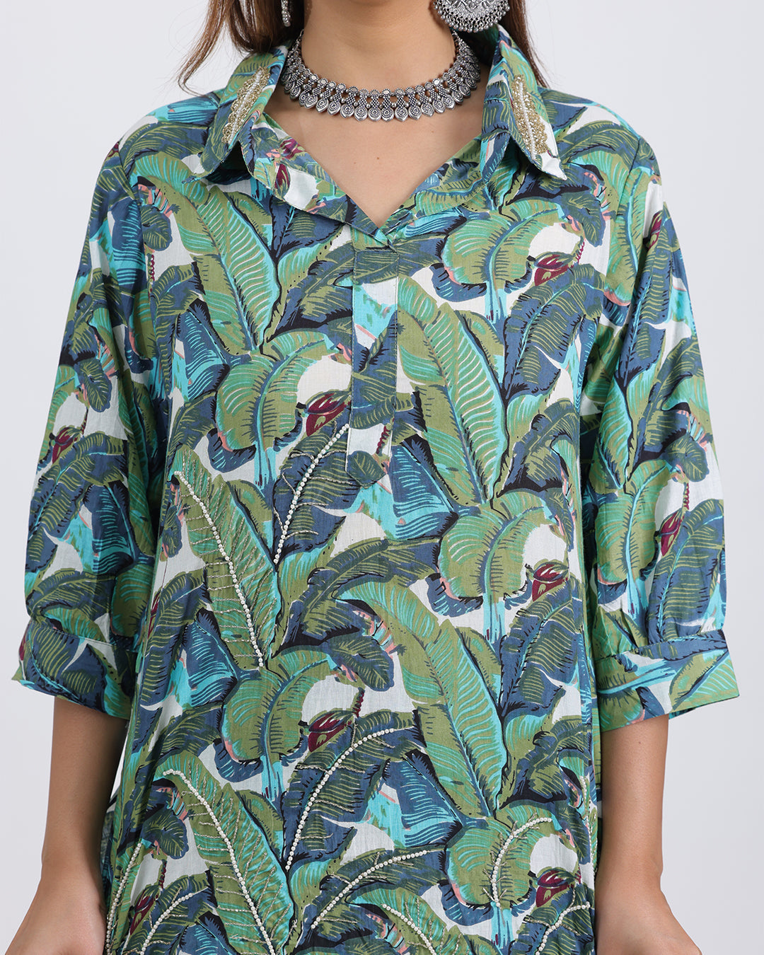 Pure Cotton Green Leaf Pattern Coord Set with Heavy Sequence Work on Collar