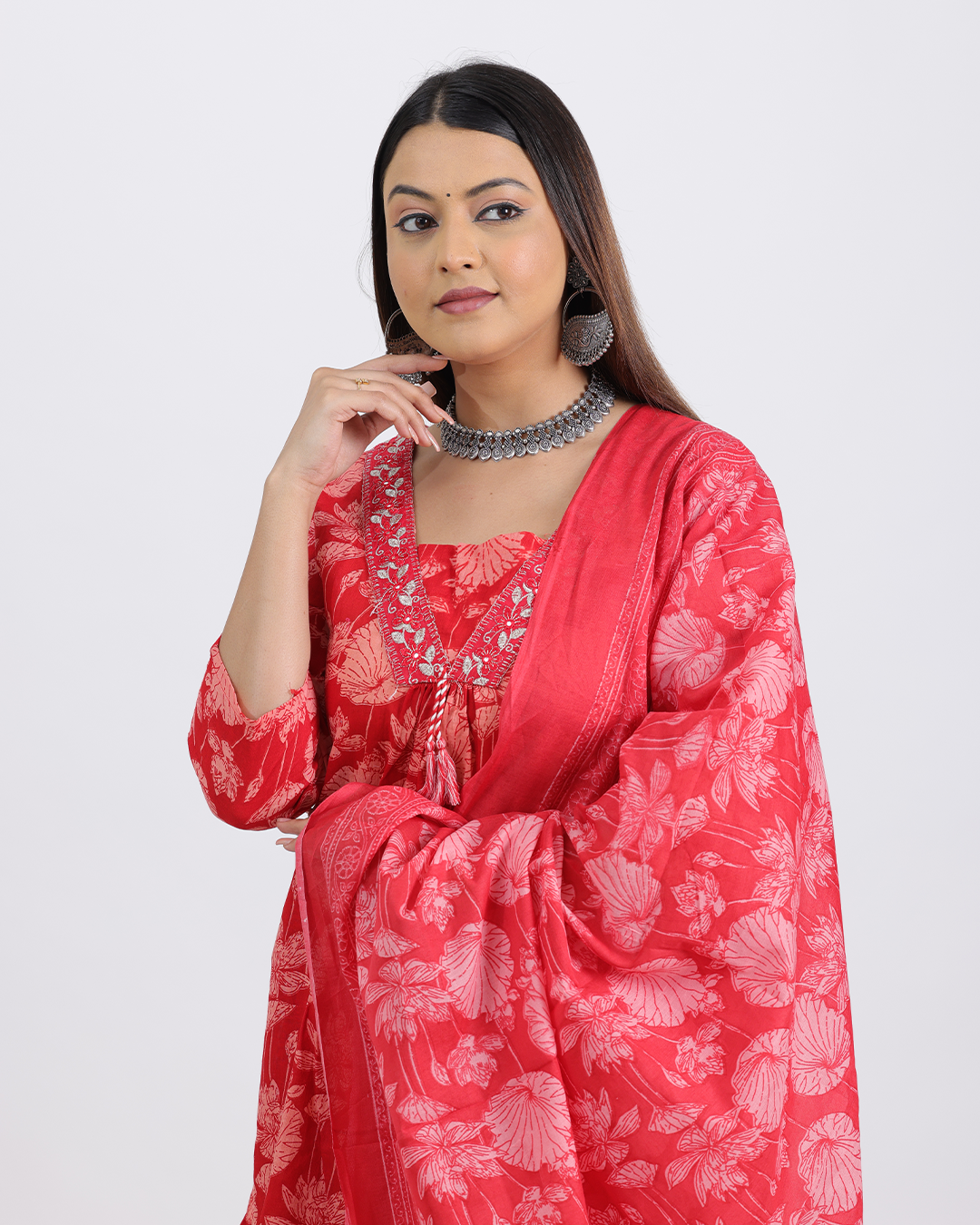 Pure Cotton Red Digital Print Suit with V-Laced Neck and Dupatta