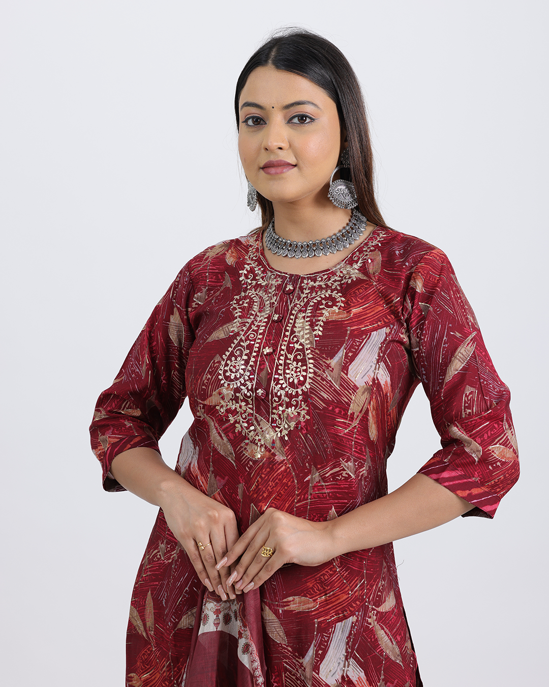 Pure Muslin Silk Maroon Suit with Digital Print Dupatta and Hand Embroidered Neckline