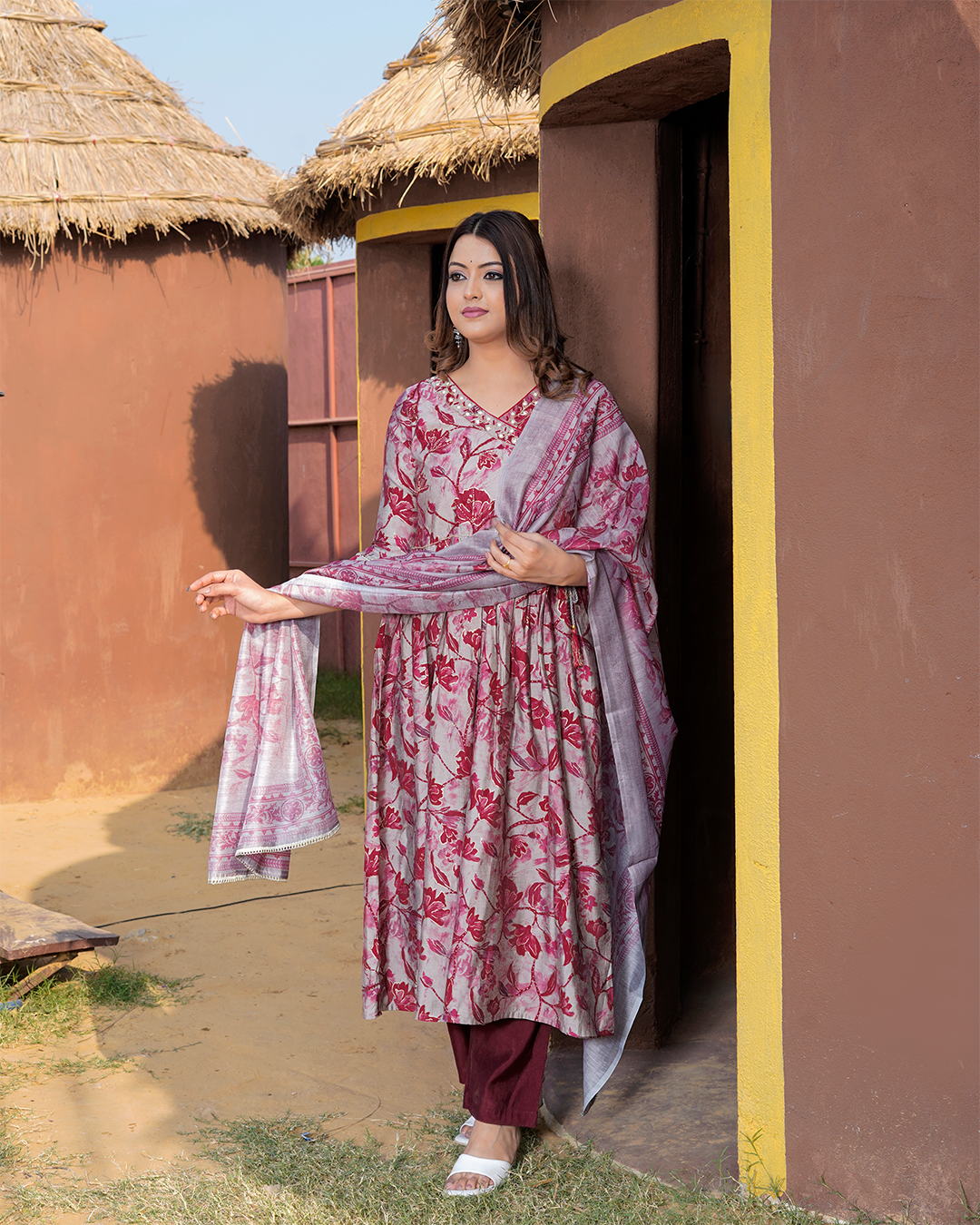 Pure Muslin Silk Grey and Maroon Angrakha Pattern Suit with Digital Print Dupatta and Sequence Work
