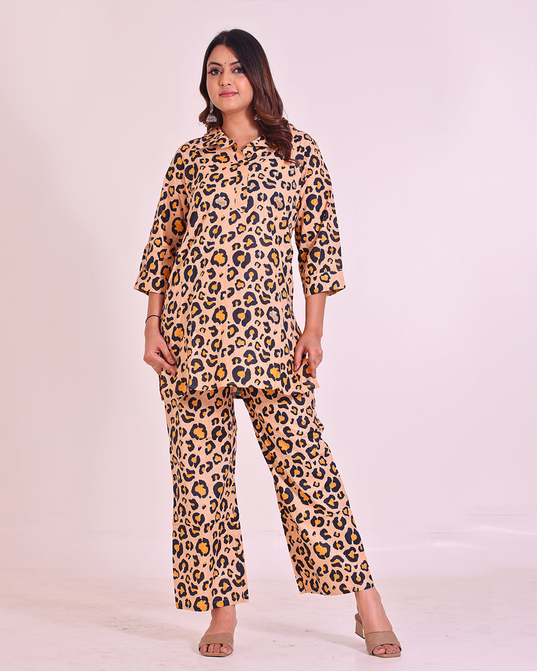 Pure Cotton Beige and Black Chittah Print Coord Set with Sparkle Work