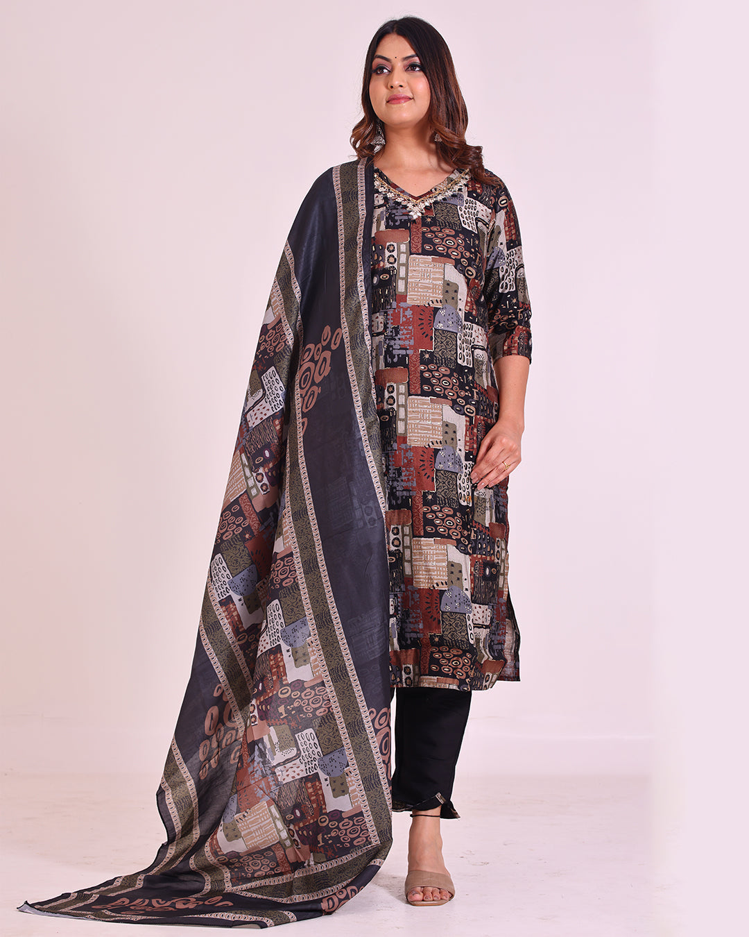 Black Pure Muslin Suit with Digital Print Dupatta and Mirror Work