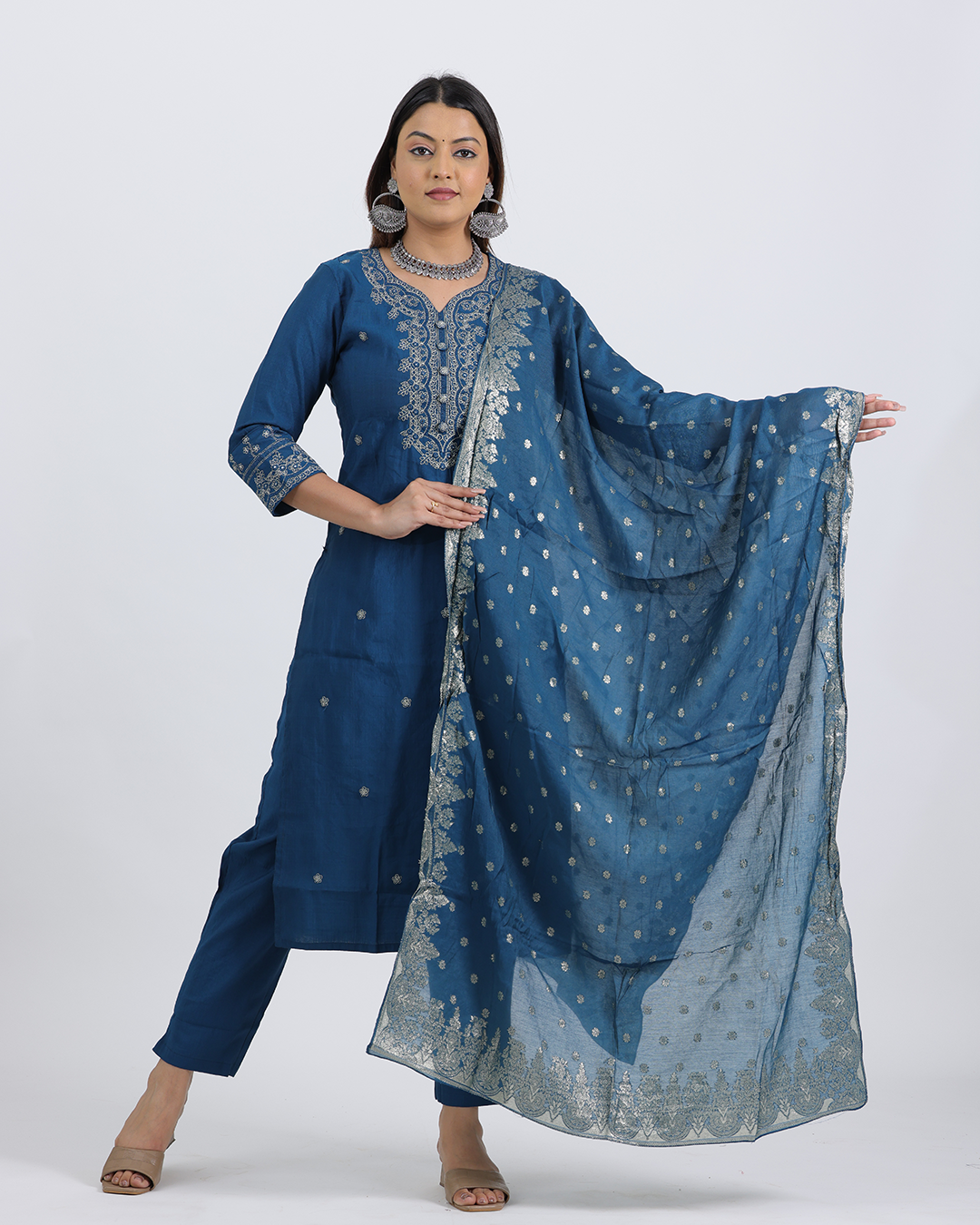 Pure Silk Royal Blue Suit with Chanderi Dupatta and Heavy Thread Work