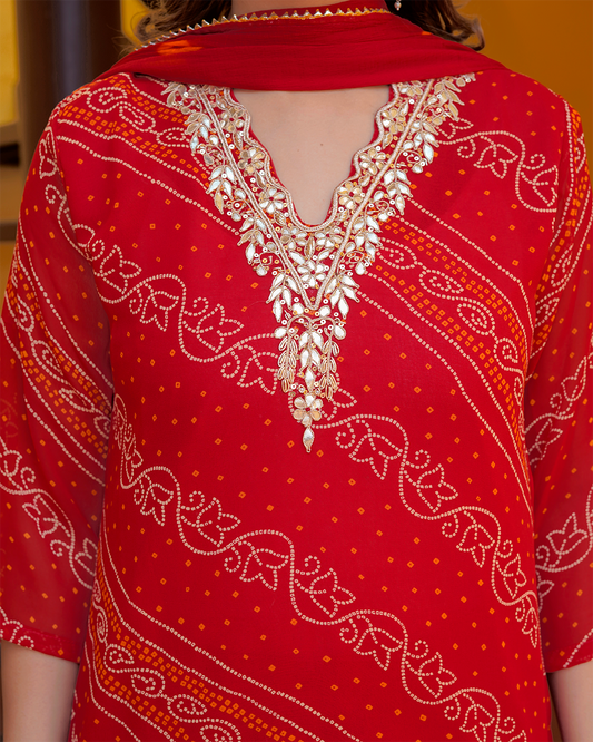 Pure Chiffon Red Bandhej Suit with Bandhani Dupatta and Pant Set in Pure Gotta Patti Work