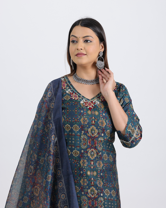 Pure Muslin Silk Dark Green and Maroon Suit with Digital Print Dupatta and Heavy Sequence Work
