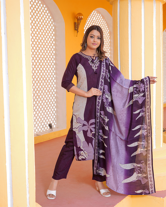 Pure silk wine colour kurta pant set with digital print silk dupatta