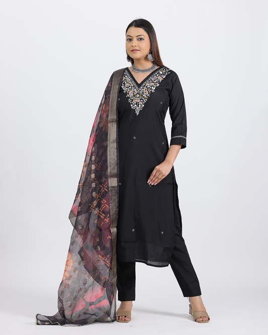 Pure Silk Black Kurta with Zardozi Work and Digital Print Organza Dupatta