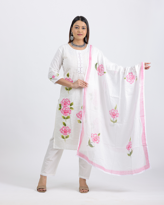 Pure Cotton White Chikankari Dupatta Set with Watercolor Print