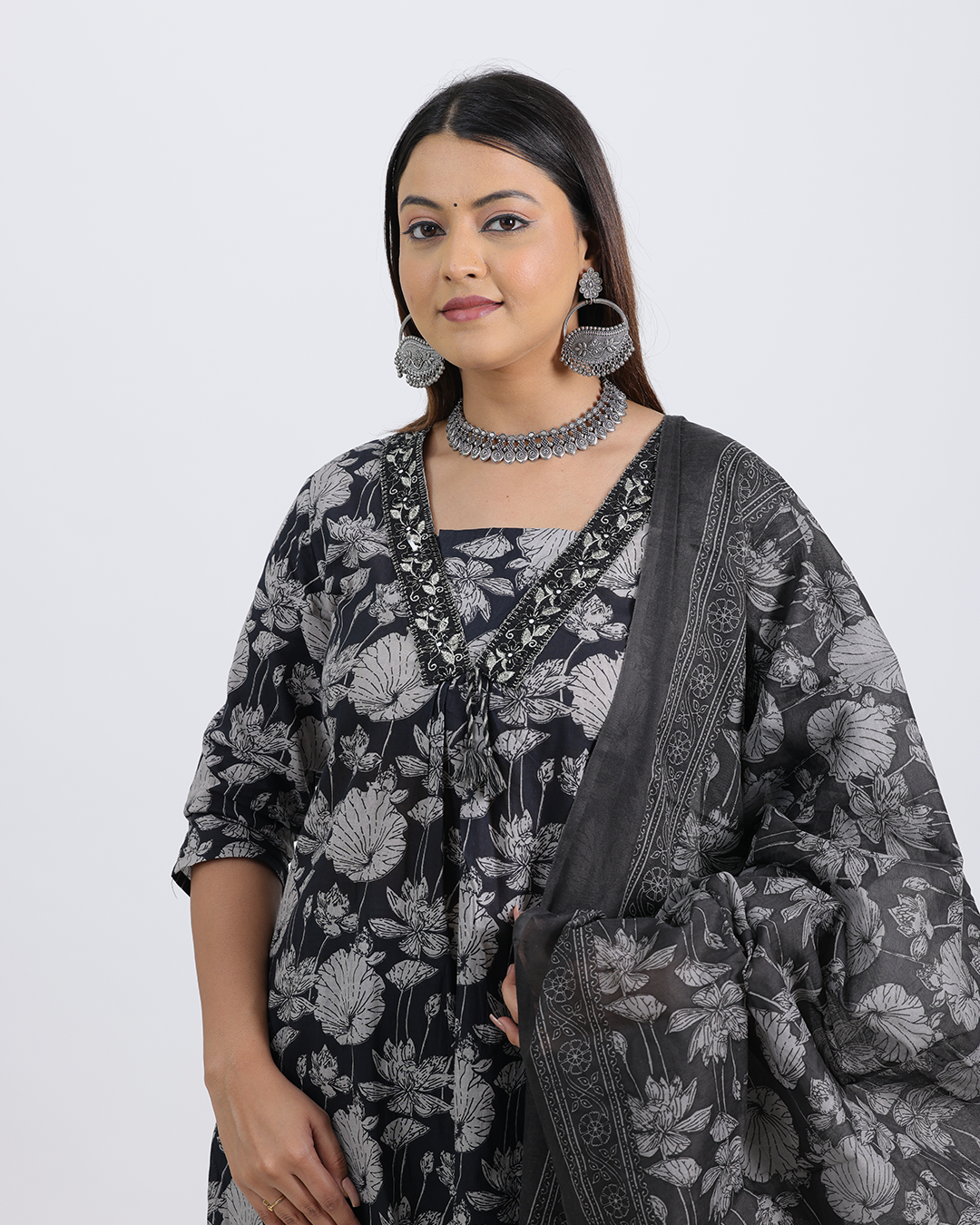 Pure Cotton Black Suit with Digital Print Dupatta and V-Laced Neckline