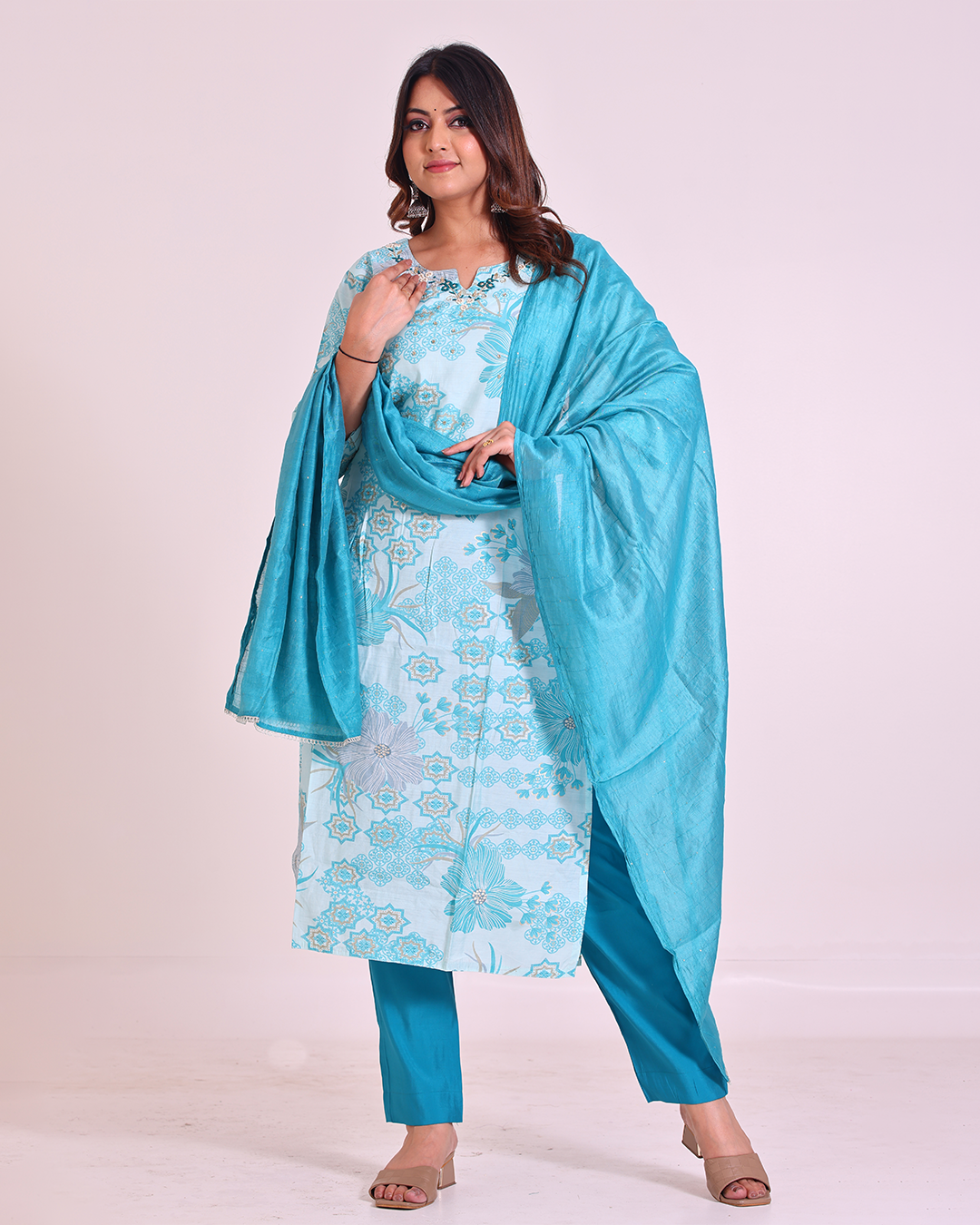 Pure Muslin Silk Sky Blue Dupatta Set with Hand Embroidery