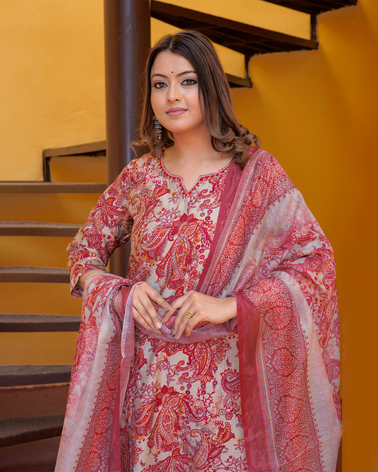 Pure Silk Onion and Maroon Kalamkari Print Suit with Digital Print Dupatta