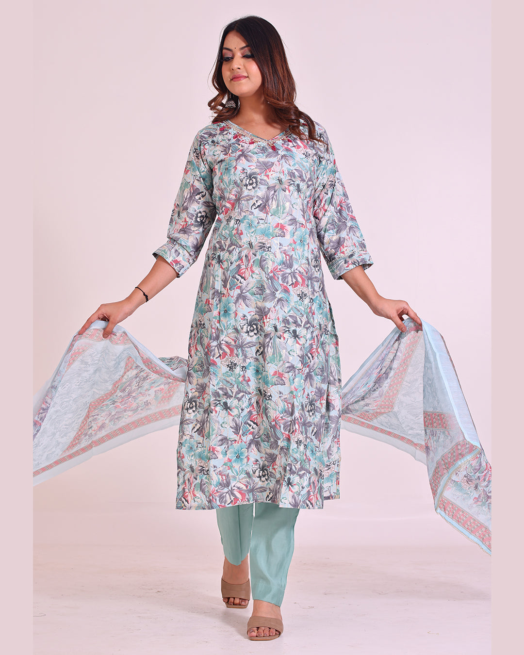 Pure Muslin Silk Suit with Digital Print Dupatta, Sequence, and Zardozi Work in Turquoise Blue