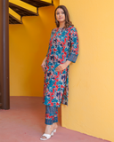 Pure Cotton Blue Ajrakh Print Kurta Pant Set