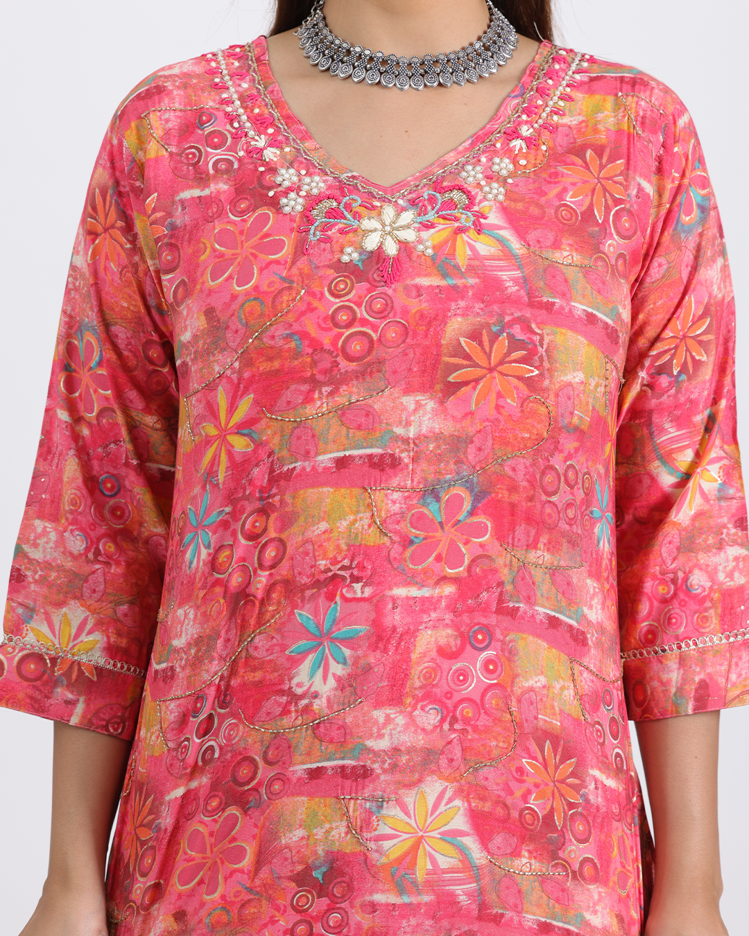 Pure Muslin Silk Yellow and Orange Suit with Digital Print Dupatta and Hand Work on Neck
