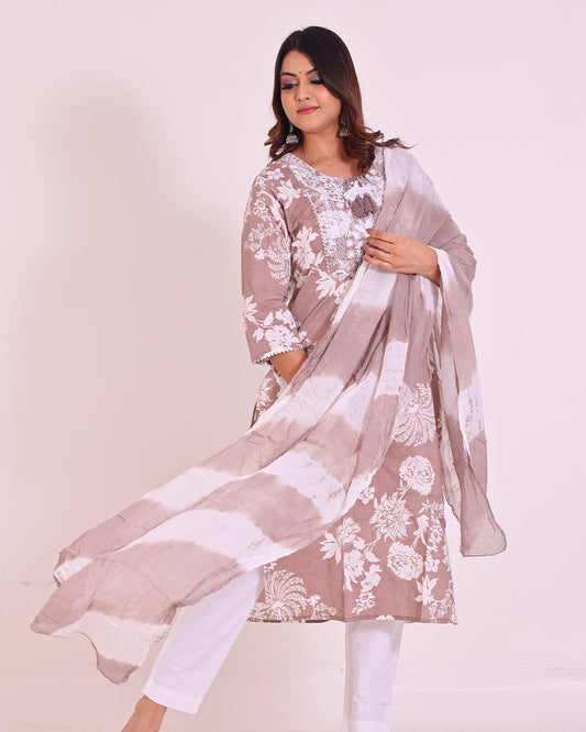 Elegant cotton mulmul suit in brown and off white