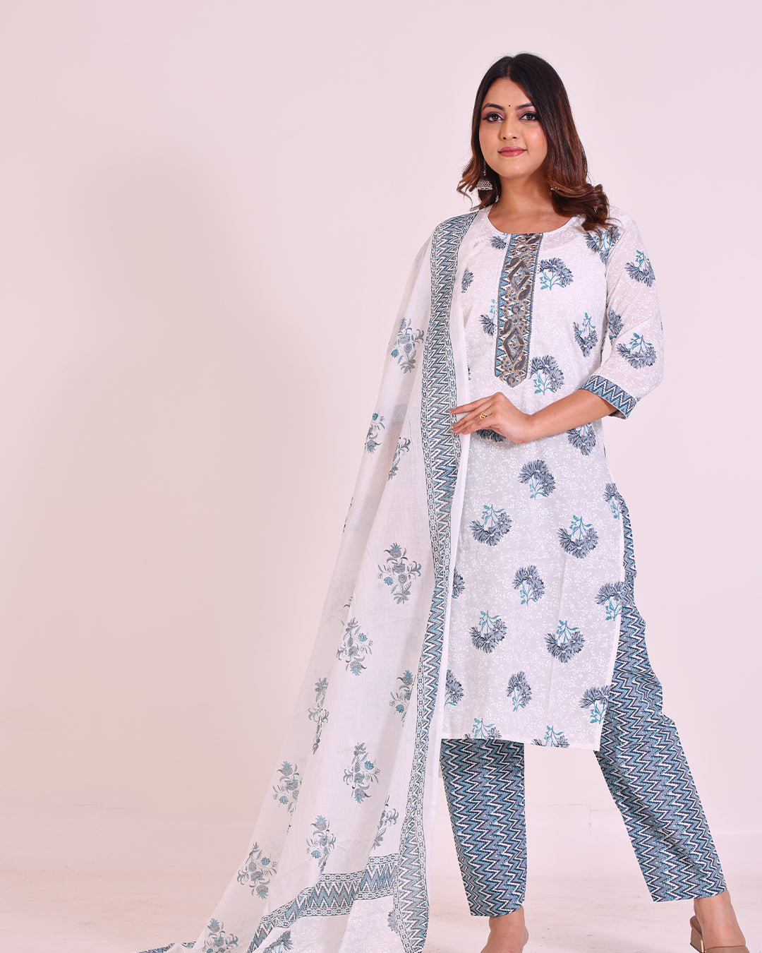 Elegant Blue and White Cotton Suit with Intricate Detailing