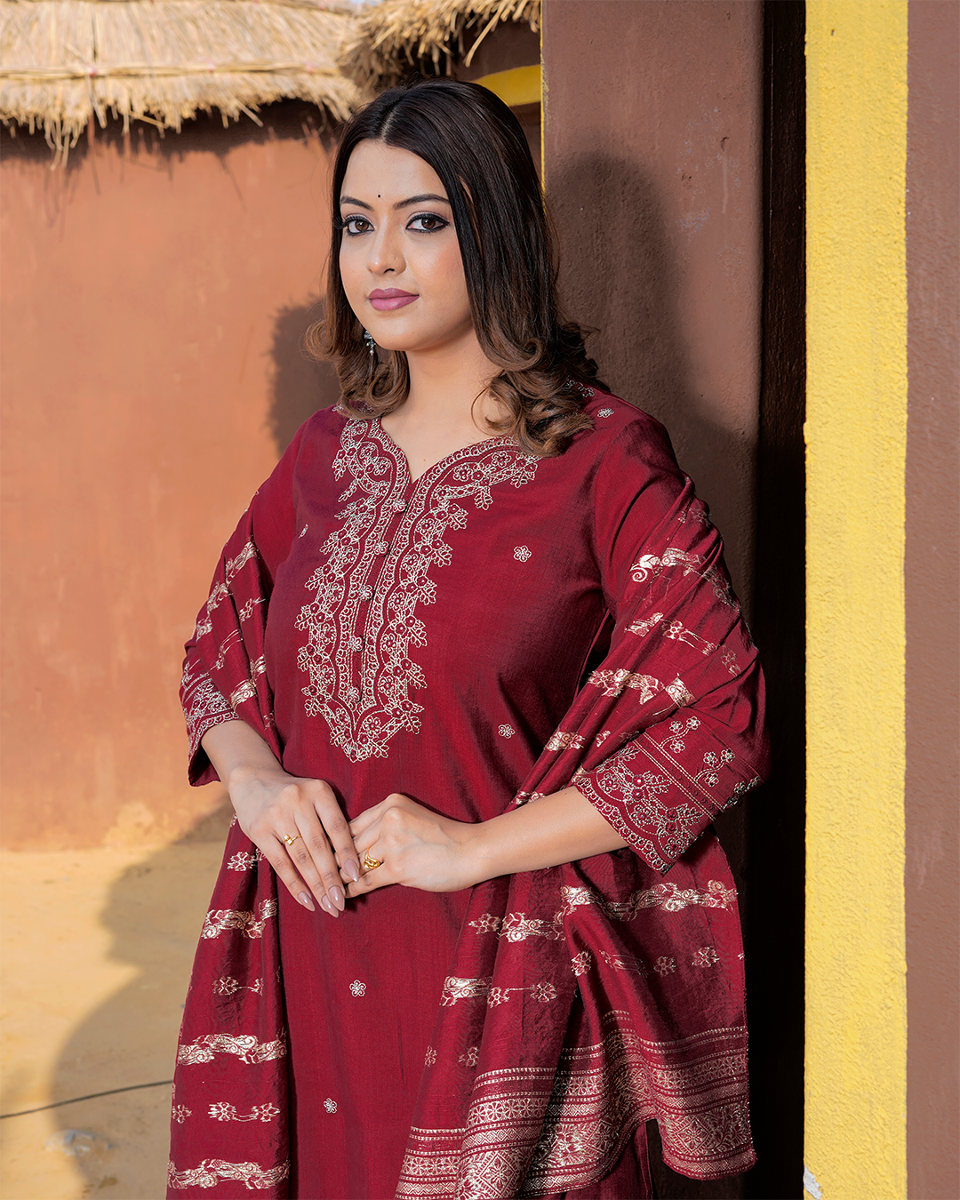 Pure Silk Maroon Suit with Chanderi Dupatta and Heavy Thread Work