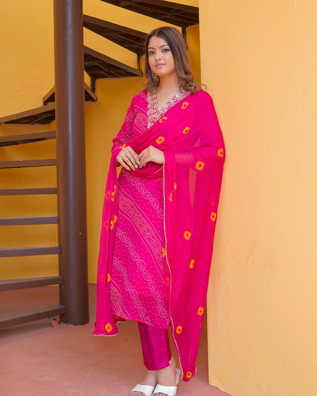Pure Chiffon Pink Bandhej Suit with Bandhani Dupatta and Pant Set in Pure Gotta Patti Work